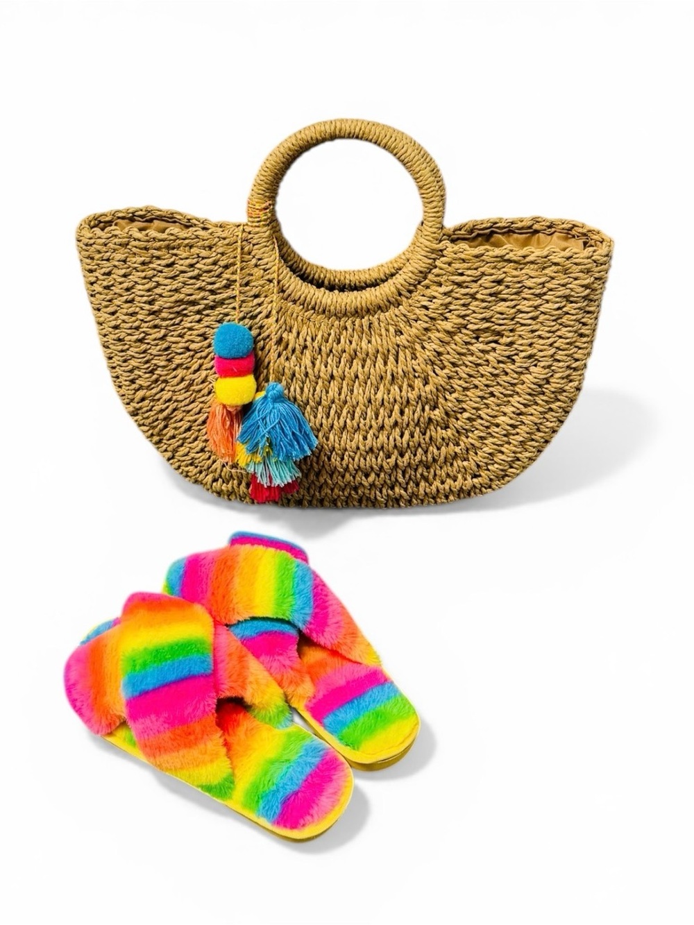 Straw Tote Bag with Rainbow Pom-Pom Tassels - Multicolor